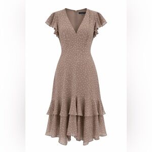Tommy Hilfiger Taupe Polka Dot Ruffle Midi Dress with V-Neck